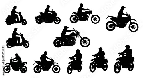 Silhouettes of People Riding Various Motorcycles and Scooters