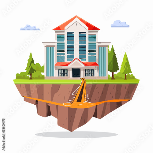 Earthquake Disaster Building on Shifting Ground - Vector Illustration