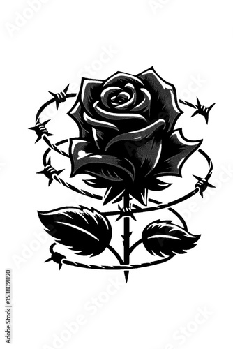 Barbed wire binds a dark rose High detailed sketch art