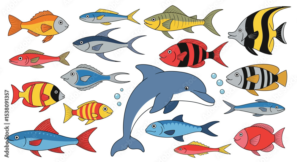Naklejka premium Colorful Cartoon Fish and Dolphin Collection