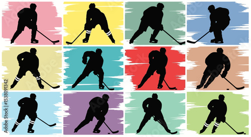 Silhouetted Hockey Players in Action Against Colorful Backgrounds