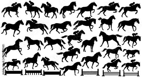 Silhouetted Horses and Jockeys in Various Racing and Jumping Poses