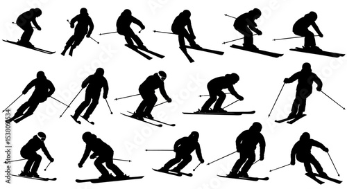Silhouetted Skiers in Various Poses Demonstrating Winter Sports Action