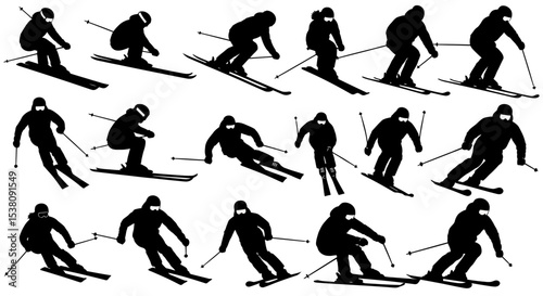 Silhouetted Skiers in Various Poses on Skis with Poles