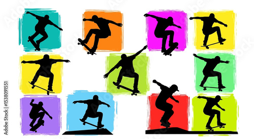 Silhouetted Skateboarders Performing Various Tricks on Colorful Backgrounds