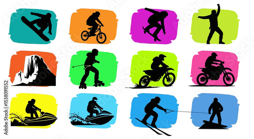 Extreme Sports Silhouettes: Snowboarding, BMX, Skateboarding, Rollerblading, Motocross, Water Skiing, Jet Skiing, Skiing, Wakeboarding