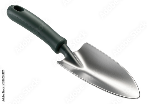 Metal garden trowel with a sturdy black handle designed for planting and digging tasks on transparent background.