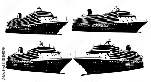 Four Black and White Cruise Ship Illustrations