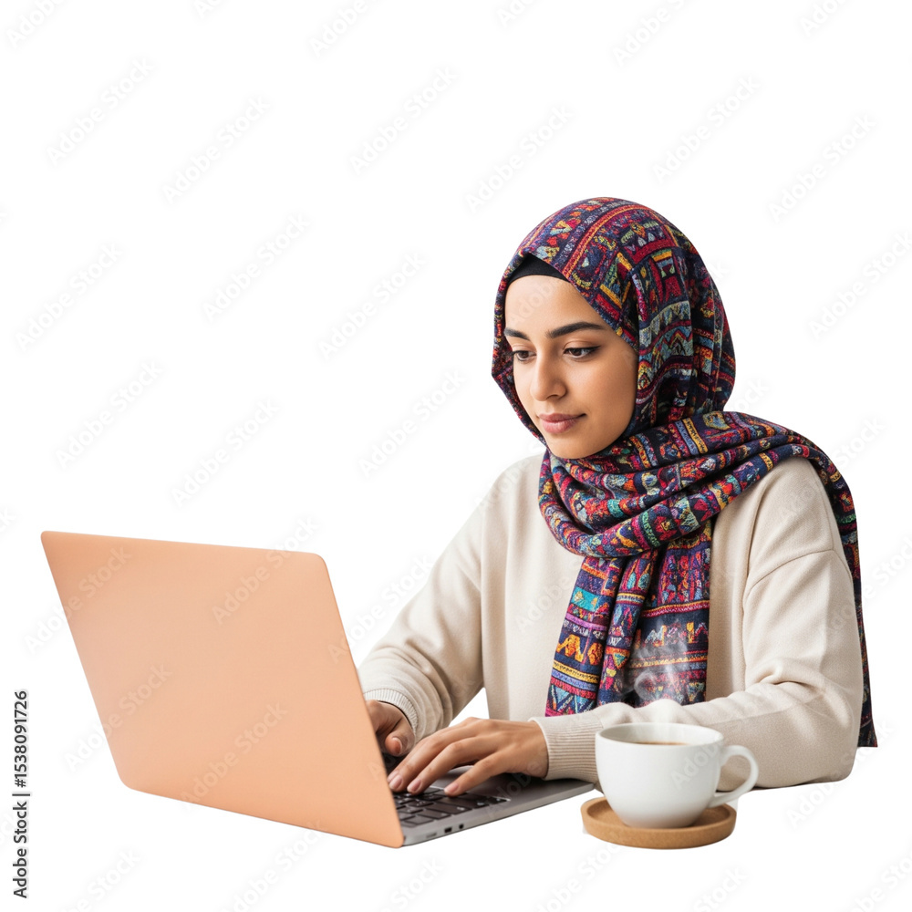 Fototapeta premium Focused Muslim Woman Working on Laptop with Coffee
