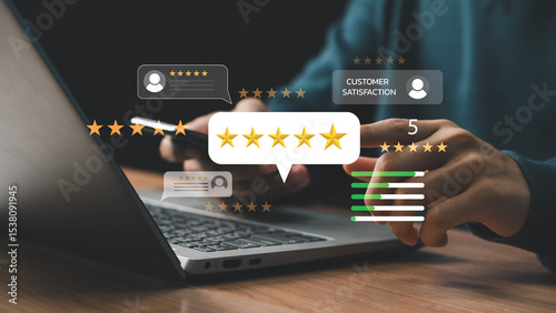Obraz na płótnie Customer review satisfaction feedback survey concept, person in a business suit interacting with floating digital 5-star customer reviews