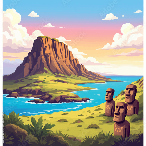 Vsai moai statues guarding volcanic peak at sunset on easter island