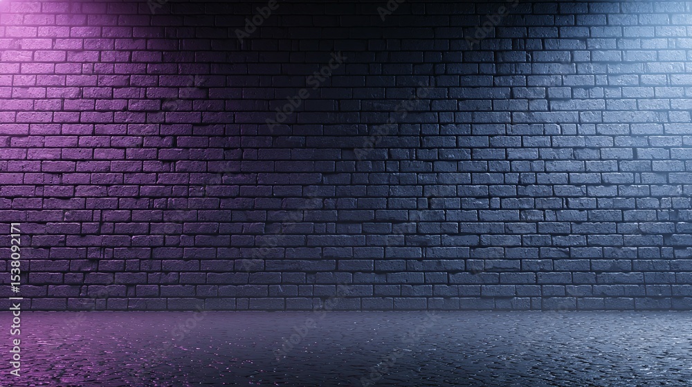 Fototapeta premium Brick wall illuminated with pink and blue lights creating a textured background.