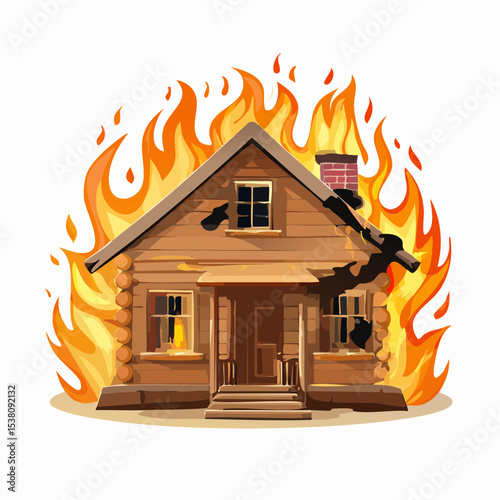 Burning House Illustration Wooden Cabin engulfed in Flames