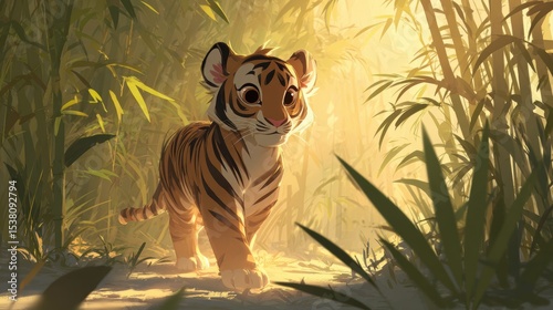 A young tiger cub stands amidst lush bamboo in a sunlit forest, exuding curiosity and innocence.