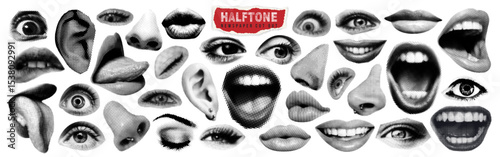 Retro halftone lips, eyes, nose and mouth in scream with monochrome photocopy effect. Brutalist female smile newspaper or magazine cut out. Torn grunge paper sticker collage art in y2k cyberpunk style