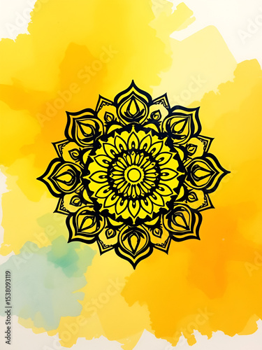 yellow and orange watercolor background with a mandal design