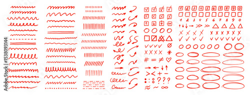 Crayon marks set, red pencil drawings. Doodle chalk punctuation, symbols, underlines, strikethroughs, arrows, check marks, dots and ellipses. Hand drawn line symbols. Vector illustration on white bg