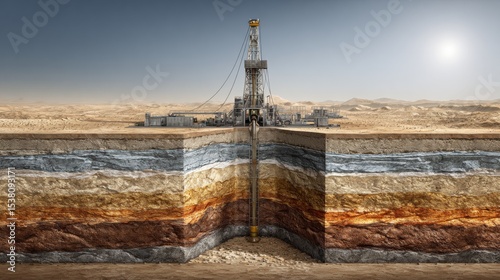 Illustration of an oil drilling rig extracting resources from underground layers in a desert environment