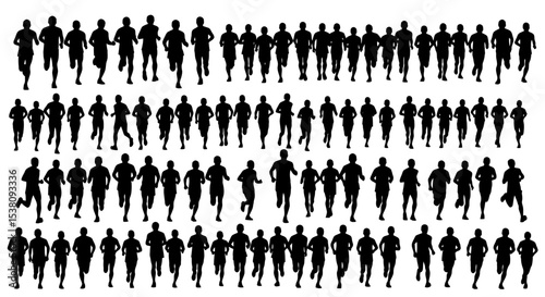 Many Black Silhouettes of People Running in Rows on Transparent Background