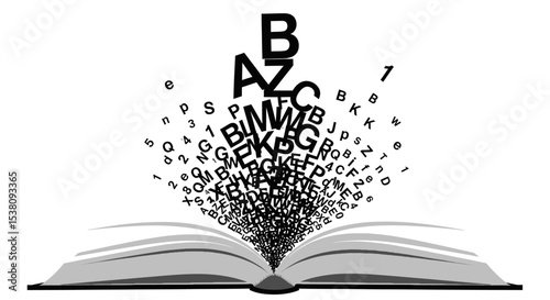 Open book with floating letters and numbers, symbolizing knowledge and learning.