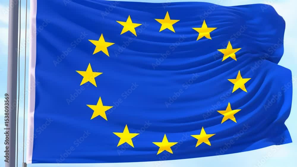 Stunning visuals capture the European Union flag gracefully fluttering in the gentle breeze against a bright blue sky Stunning visuals capture the European Union flag gracefully fluttering in the gentle breeze against a bright blue sky