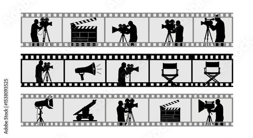 Silhouetted Film Crew Elements Depicted on Filmstrip Frames