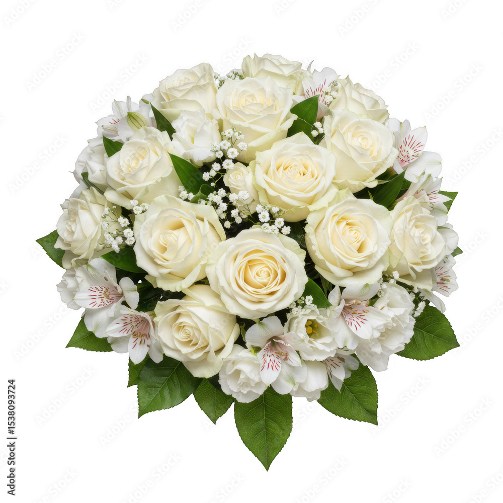 Fototapeta premium Elegant round bouquet of white roses and alstroemeria isolated on transparent background