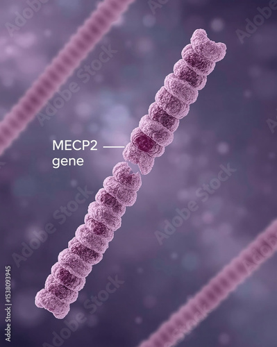 Stylized chromosome illustration showing the MECP2 mutation that leads to Rett syndrome — concept for genetics education