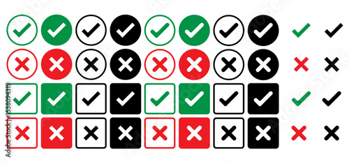 Check box tick mark icon in red and black cross mark in red and black set button correct right wrong buttons or yes or no checkmark red cross green tick vector illustration, PNG transparent background