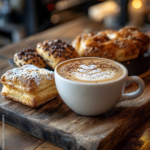 a cup of coffee and some pastries on a wooden boar