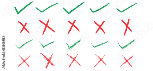 Check marks doodle set. Vote, yes, no, checkbox, checklist, tick mark in green and cross mark in red signs, v and x drawn concept. Hand drawn doodle sketch style vector illustration, brush drawing.