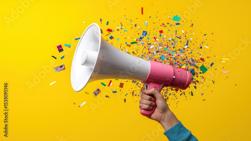Hand holding pink megaphone with confetti explosion