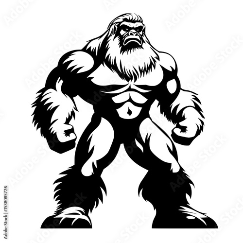 Strong Bigfoot Mascot in Bold Silhouette, Muscular Bigfoot or Sasquatch character in dynamic black-and-white vector style, ideal for logos, mascots, or sports branding.

