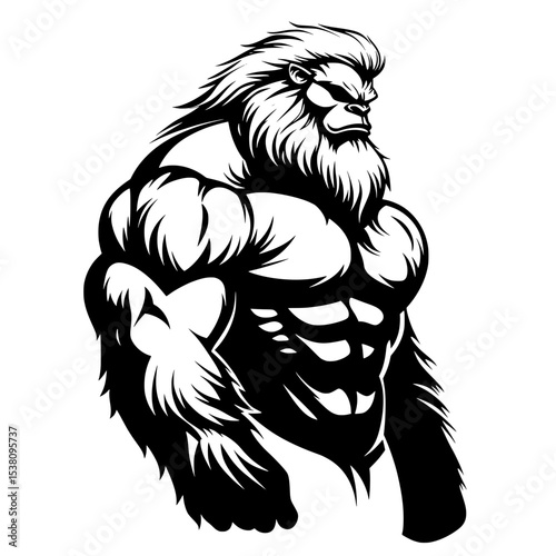 Strong Bigfoot Mascot in Bold Silhouette, Muscular Bigfoot or Sasquatch character in dynamic black-and-white vector style, ideal for logos, mascots, or sports branding.

