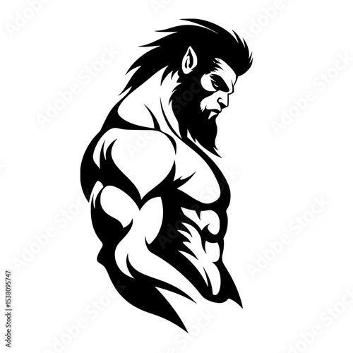 Strong Bigfoot Mascot in Bold Silhouette, Muscular Bigfoot or Sasquatch character in dynamic black-and-white vector style, ideal for logos, mascots, or sports branding.

