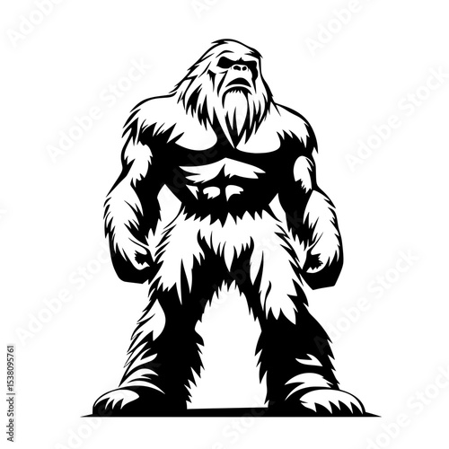 Strong Bigfoot Mascot in Bold Silhouette, Muscular Bigfoot or Sasquatch character in dynamic black-and-white vector style, ideal for logos, mascots, or sports branding.

