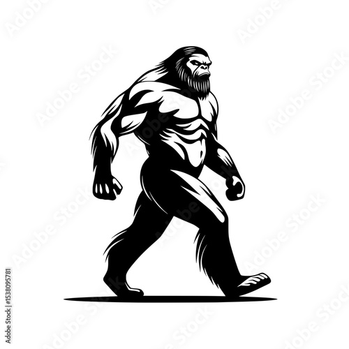 Strong Bigfoot Mascot in Bold Silhouette, Muscular Bigfoot or Sasquatch character in dynamic black-and-white vector style, ideal for logos, mascots, or sports branding.

