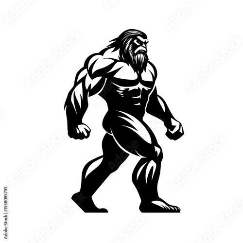 Strong Bigfoot Mascot in Bold Silhouette, Muscular Bigfoot or Sasquatch character in dynamic black-and-white vector style, ideal for logos, mascots, or sports branding.

