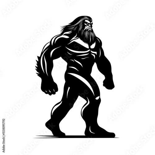 Strong Bigfoot Mascot in Bold Silhouette, Muscular Bigfoot or Sasquatch character in dynamic black-and-white vector style, ideal for logos, mascots, or sports branding.

