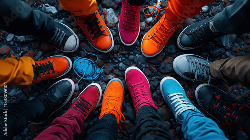 Group of colorful sneakers arranged in circle