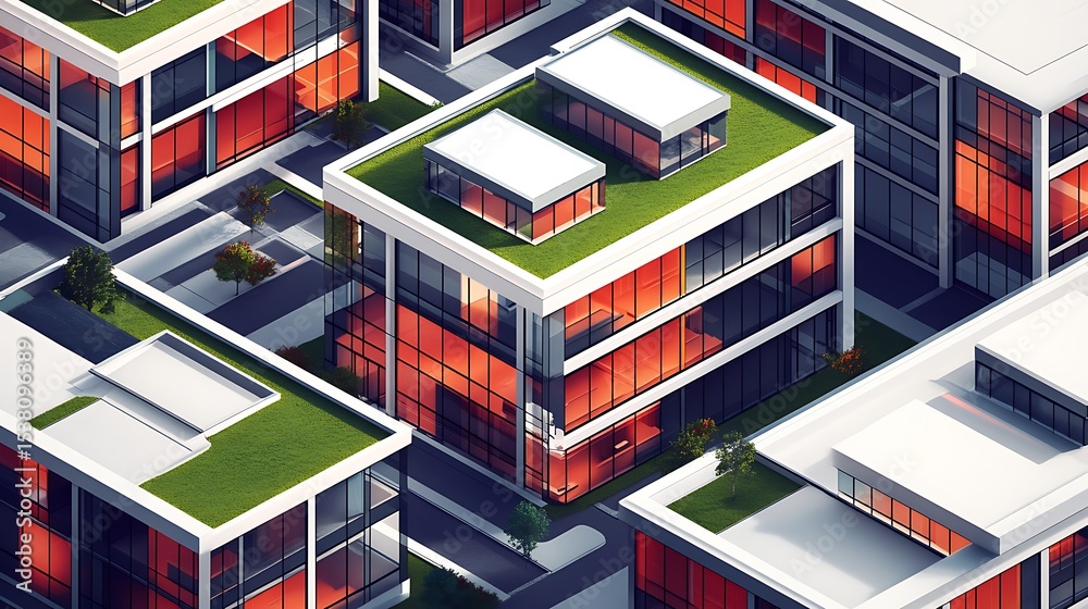 Fototapeta premium Aerial view of modern buildings with green rooftops