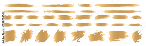 Gold brush lines. Vector golden foil stroke set. Japanese paint frames, dividers and borders. Chinese calligraphy gold stain text boxes. Luxurious Korean celebration rectangle brushstroke textboxes