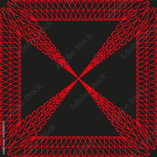 Red square rotation. Abstract angular pattern. Dynamic vector symmetry. Bold linear texture.