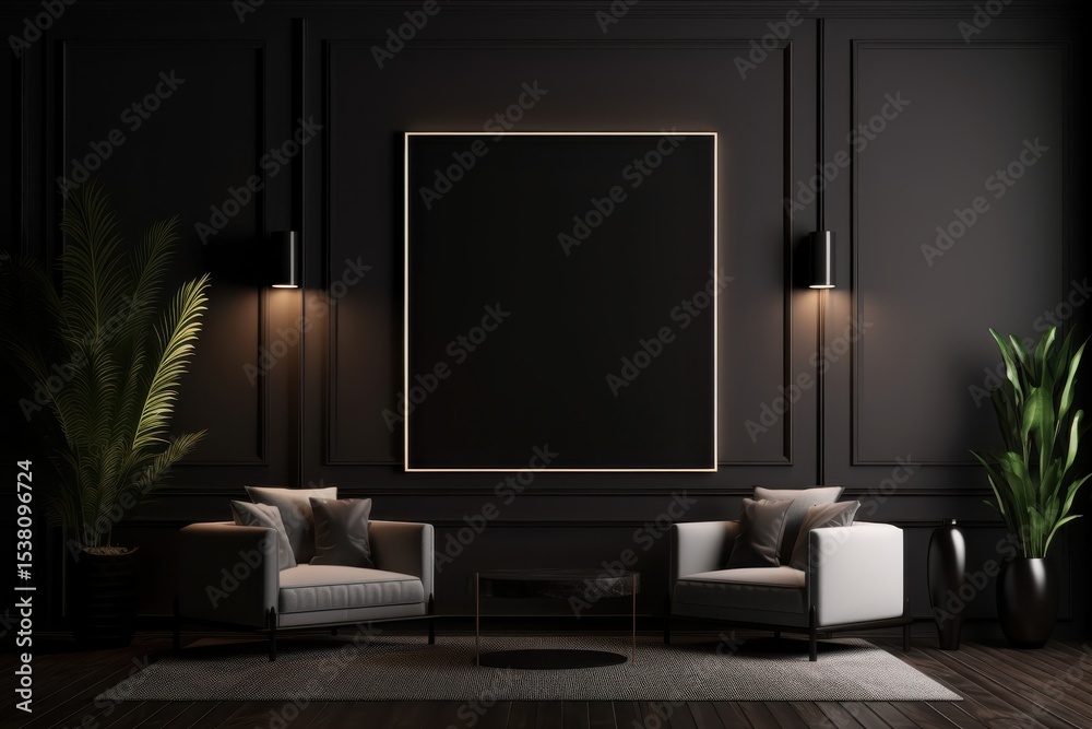 Fototapeta premium Elegant interior design featuring modern furniture and minimalist artwork in a dark setting