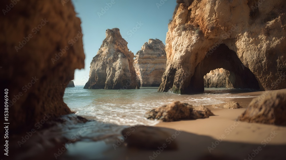 Obraz premium Scenic view of rocky coastal formations with clear water and sandy beach under bright sky