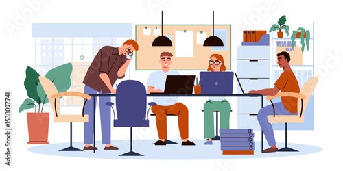Office flat concept with employees sitting at work table vector illustration