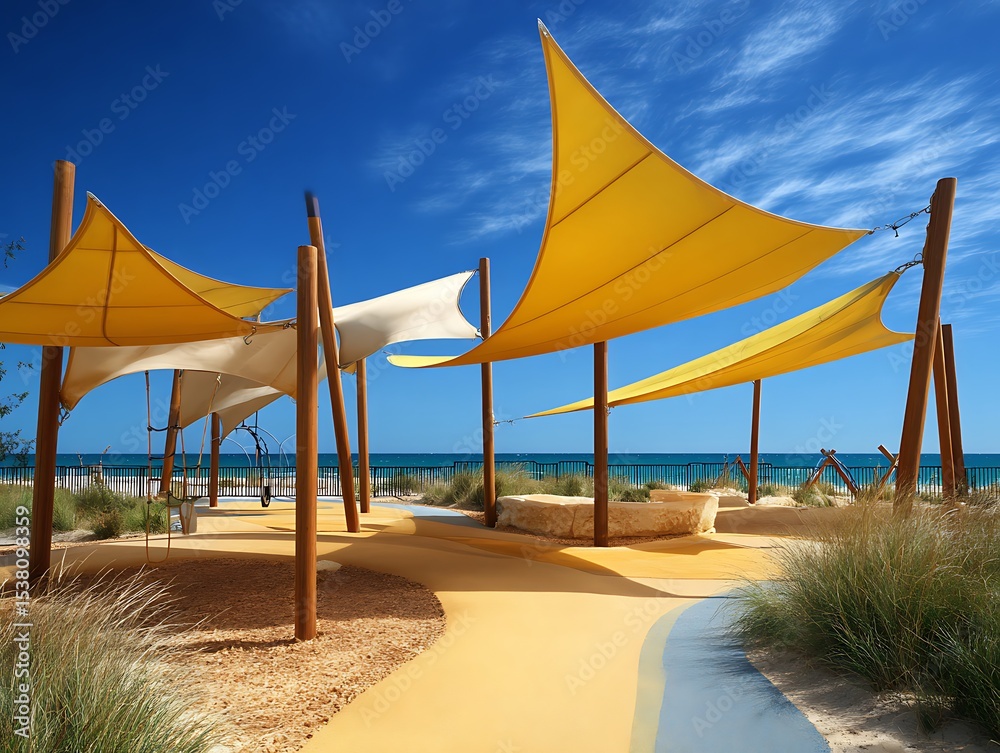 Interactive climbing playground with bold sails over golden beach dunes Interactive climbing playground with bold sails over golden beach dunes