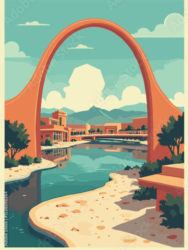 Reno, Nevada — Reno Arch, Automobile Museum, River Walk in neon orange, chrome silver, river teal, and ivory