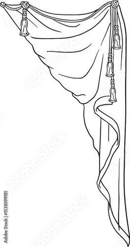 Detailed hand-drawn illustration of an elegant decorative curtain with tassels, perfect for framing designs, adding a theatrical touch, or enhancing wedding and event-themed graphics.