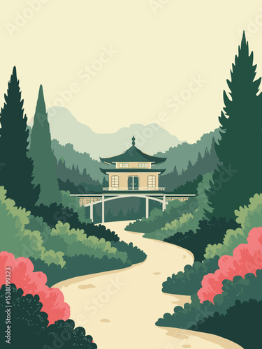 Portland, Oregon — Japanese Garden, Pittock Mansion, Steel Bridge in garden green, mansion beige, steel grey, and rose pink